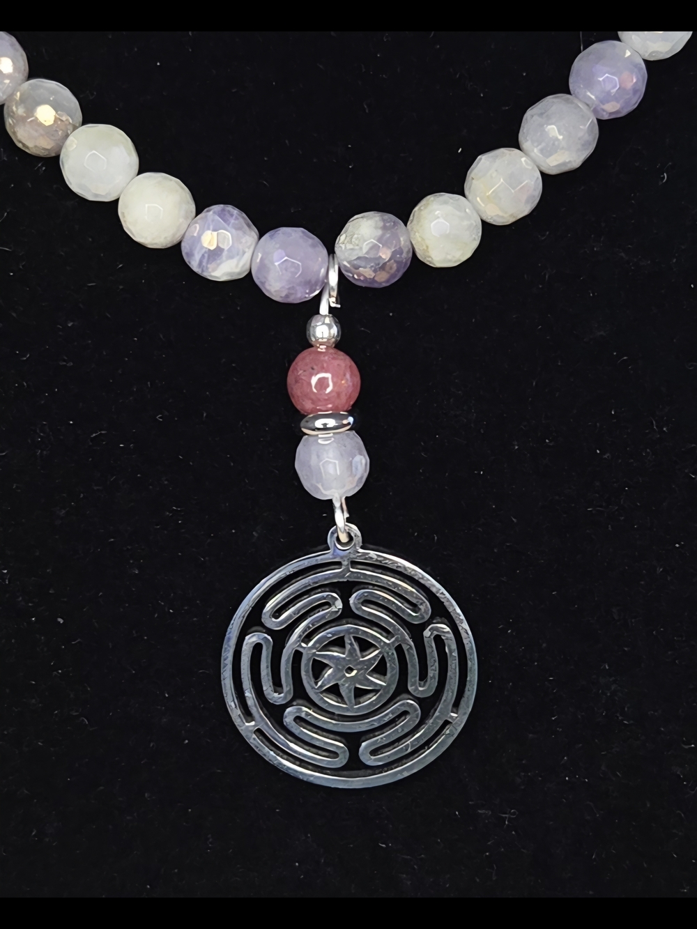 Mystic Lavender Jade, Thulite and Stainless Steel with a Hekate's Wheel Pendant - Picture 2 of 6